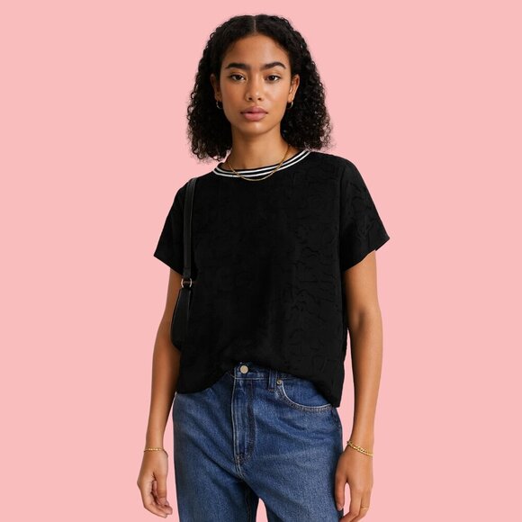 Adiva Black Jacquard Textured Short Sleeve Top – Size S - Picture 1 of 7